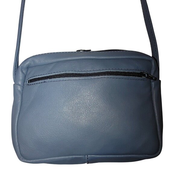 Leather Crossbody Small Blue Bag  Adjustable Strap Multiple Zippered Pockets - Picture 1 of 12